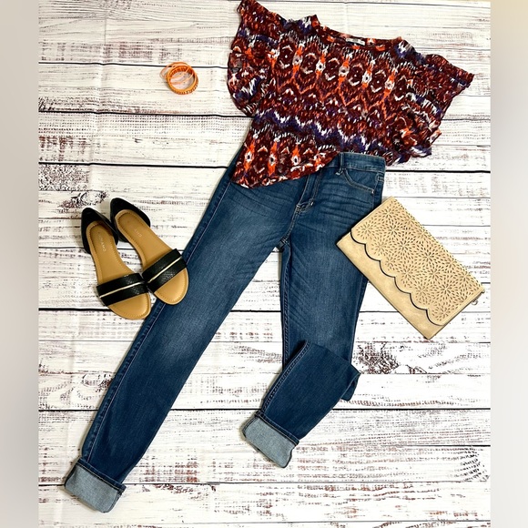 Zara flowy top with ruffled sleeves red orange purple sheer medium boho Aztec - Picture 1 of 7